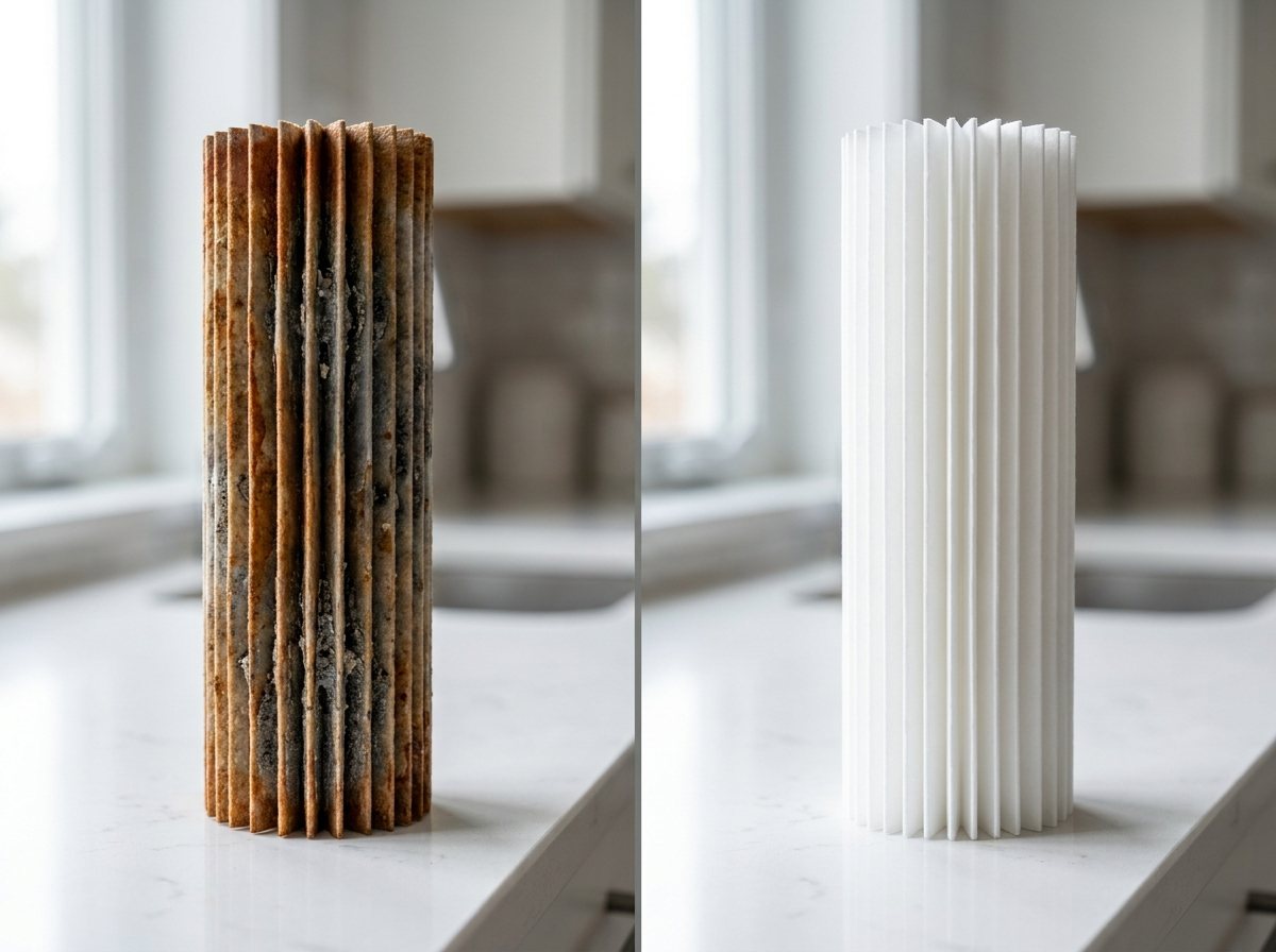 Sediment filter caked in rust and scale next to a new filter