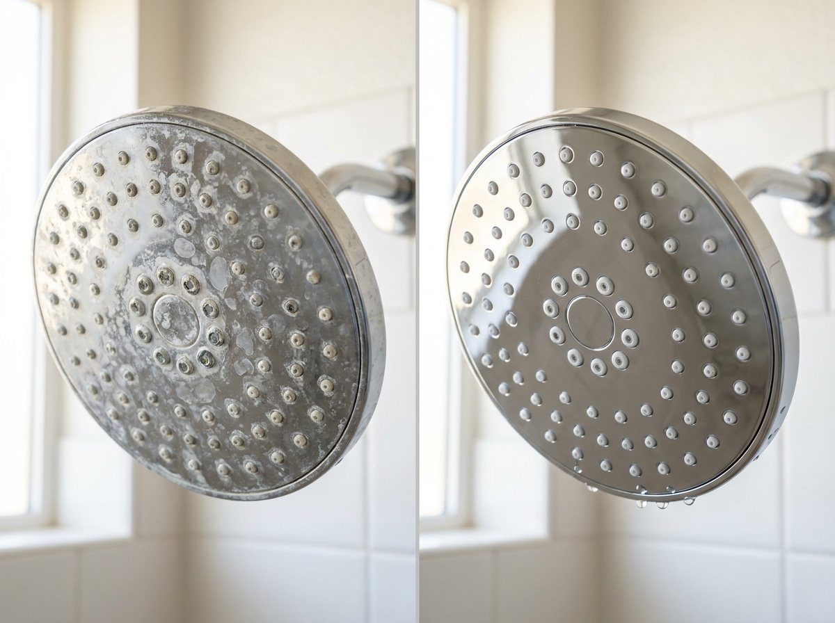 Showerhead crusted with hard-water scale next to a clean showerhead